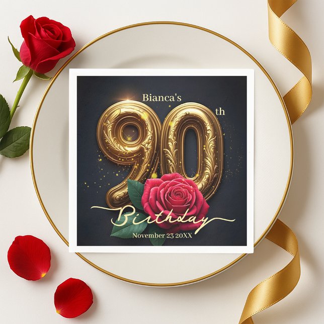 Elegant Glimmering Red Rose Gold 90th Birthday  Pappersservett (Skapare uppladdad)