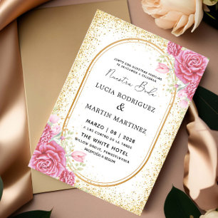 Elegant Gliter Blommigt Guld Spanska Nuestra Boda Inbjudningar
