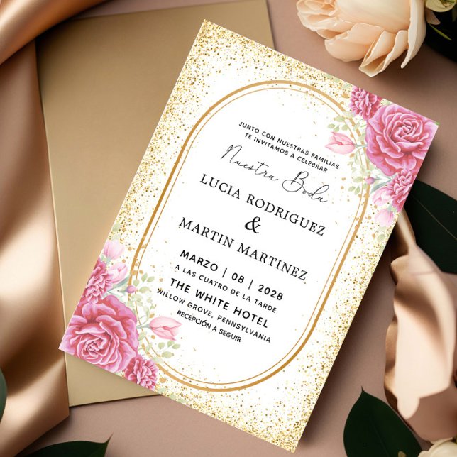 Elegant Gliter Blommigt Guld Spanska Nuestra Boda Inbjudningar (Skapare uppladdad)