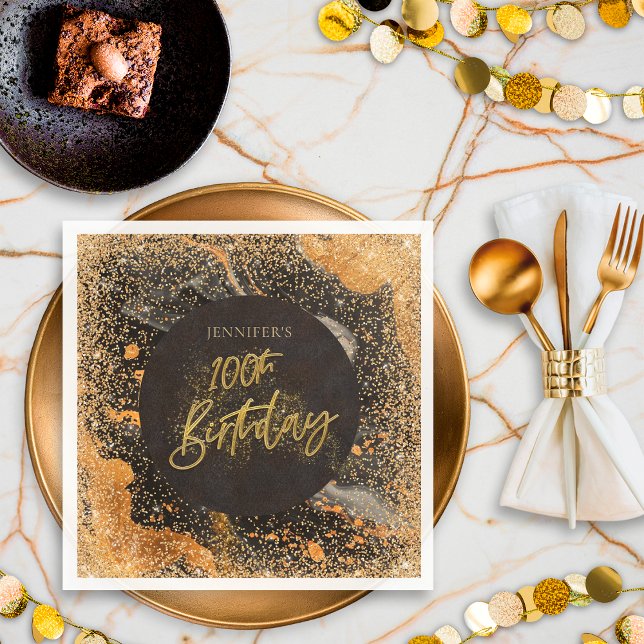 Elegant Glitter 100:e Svart och Guld Födelsedag Pappersservett (Skapare uppladdad)
