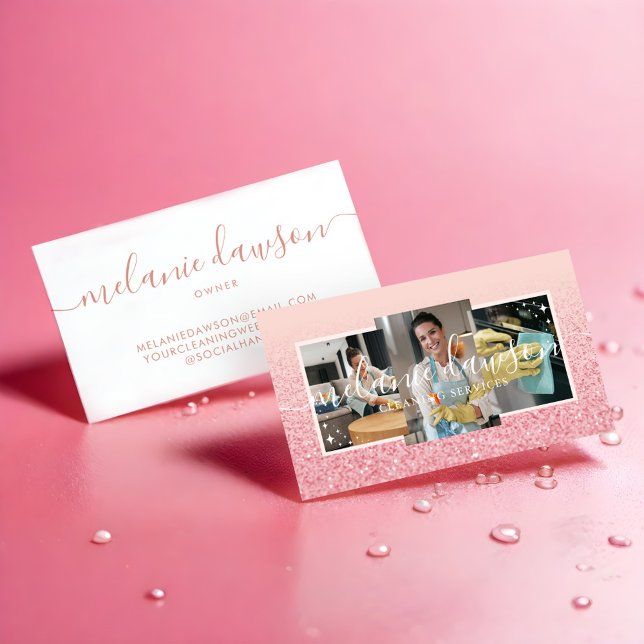 Elegant Glitter 3-fototjänster för Städning och mo Visitkort (Elegant Glitter 3 Photo Cleaning & Maid Services Business Card)