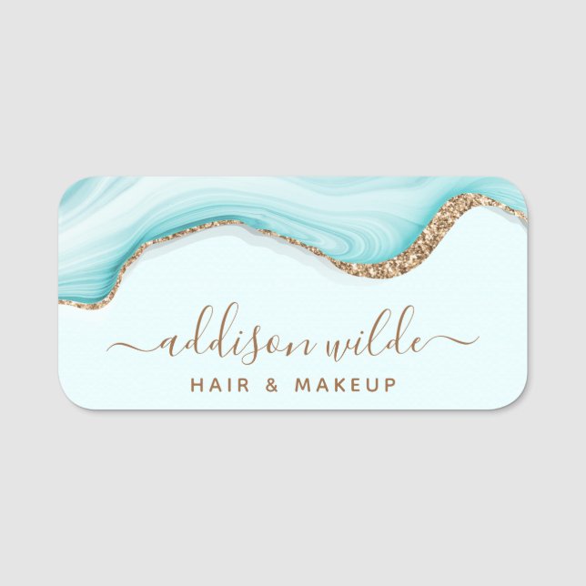 Elegant Glitter, blå marmor Agate Modern Namnbricka (Framsida)