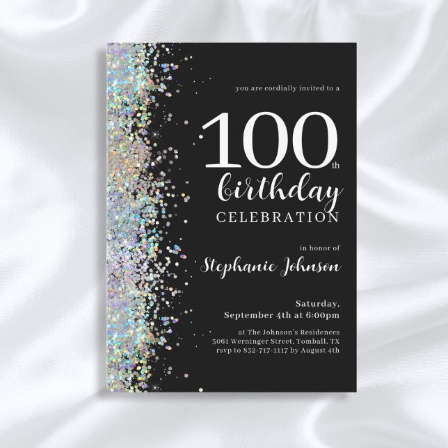 Elegant Glitter Black 100:e Födelsedagsfesten Inbjudningar (Mockup View)