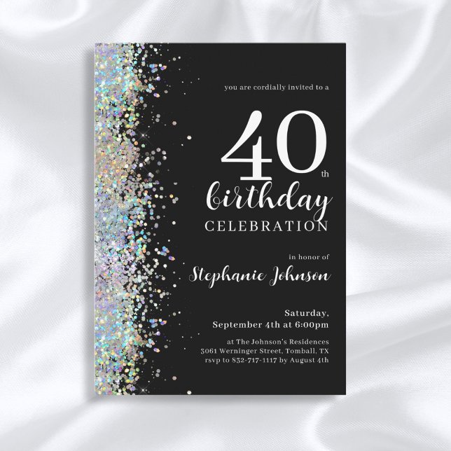 Elegant Glitter Black 40:e födelsedag Party Inbjudningar (Mockup View)