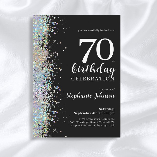 Elegant Glitter Black 70:e Födelsedagsfesten Inbjudningar (Mockup View)
