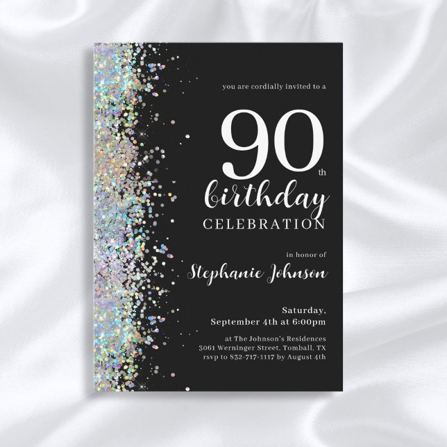 Elegant Glitter Black 90:e Födelsedagsfest Inbjudningar (Mockup View)