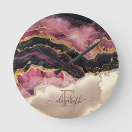 Elegant Glitter Black Burgundy Monogram Rund Klocka