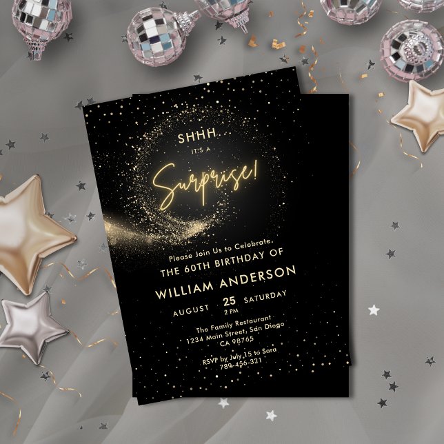 Elegant Glitter Black och Guld Surprise Party Inbjudningar (Elegant Glitter Black and Gold Surprise Party Invitation)