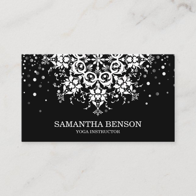 Elegant Glitter Black & white Flower Logotyp Yoga Visitkort (Framsida)