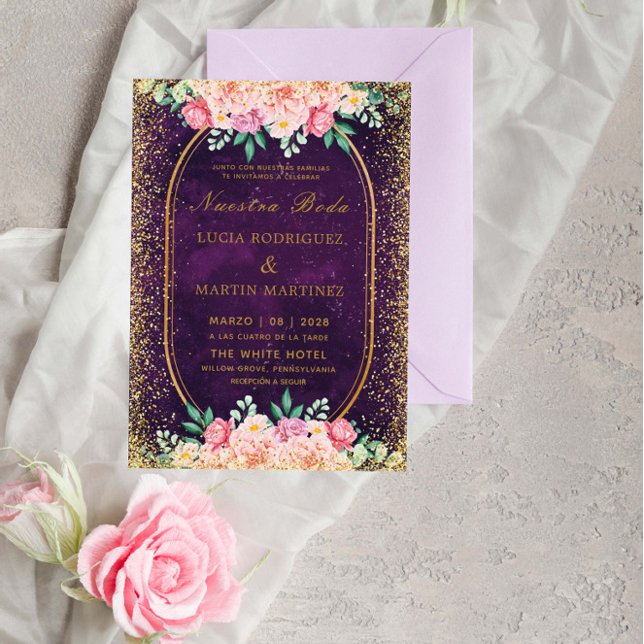 Elegant Glitter Blommigt Guld Lila Nuestra Boda Inbjudningar (Skapare uppladdad)