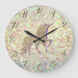 Elegant Glitter Bokeh, Guld Glitter Unicorn Stor Klocka