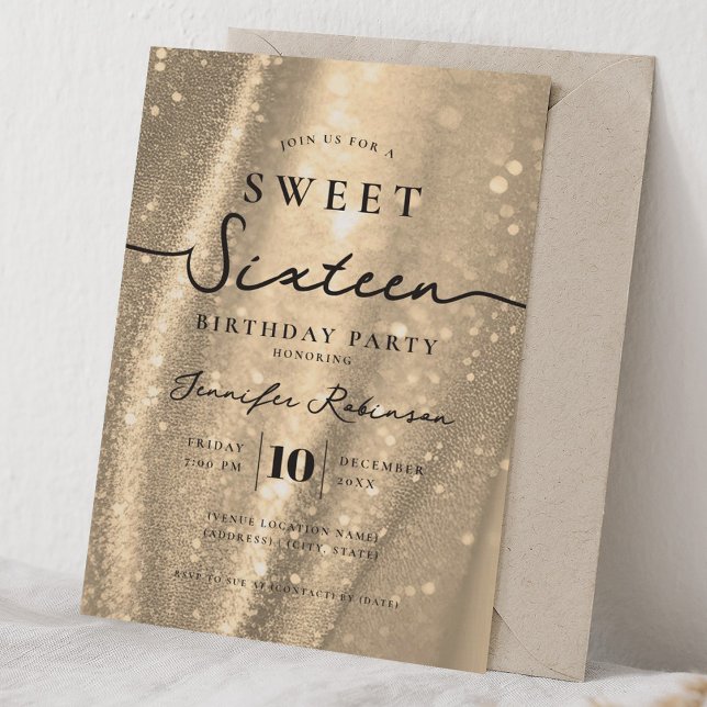 Elegant Glitter Chic Söt 16-års Födelsedag Guld  Inbjudningar (Elegant Chic Glitter Sweet 16 Birthday Gold Invitation)