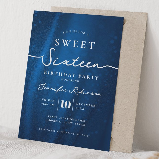 Elegant Glitter Chic Sweet 16 Födelsedag Marinblå  Inbjudningar (Elegant Chic Glitter Sweet 16 Birthday Navy Blue Invitation)