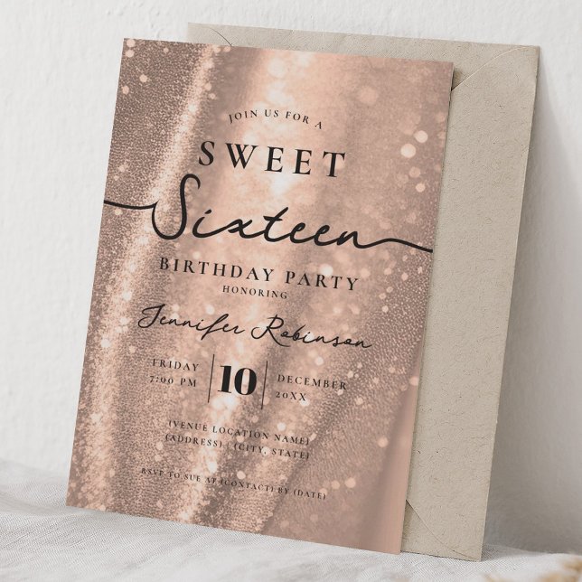Elegant Glitter Chic Sweet 16 Födelsedag Rose Guld Inbjudningar (Elegant Chic Glitter Sweet 16 Birthday Rose Gold Invitation)