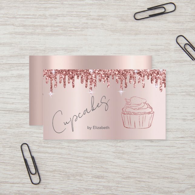 Elegant glitter cupcake rose gold dropar  visitkort (Fram/Back In Situ)