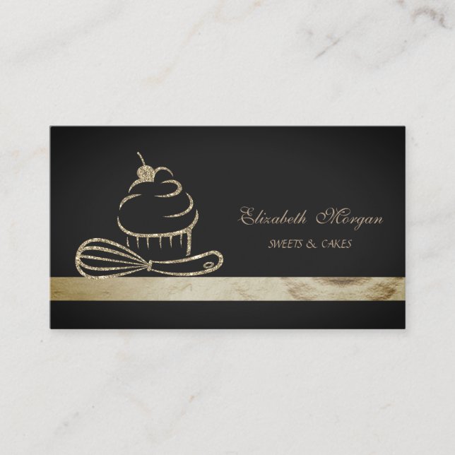 Elegant glitter-cupcake svart bageri visitkort (Framsida)