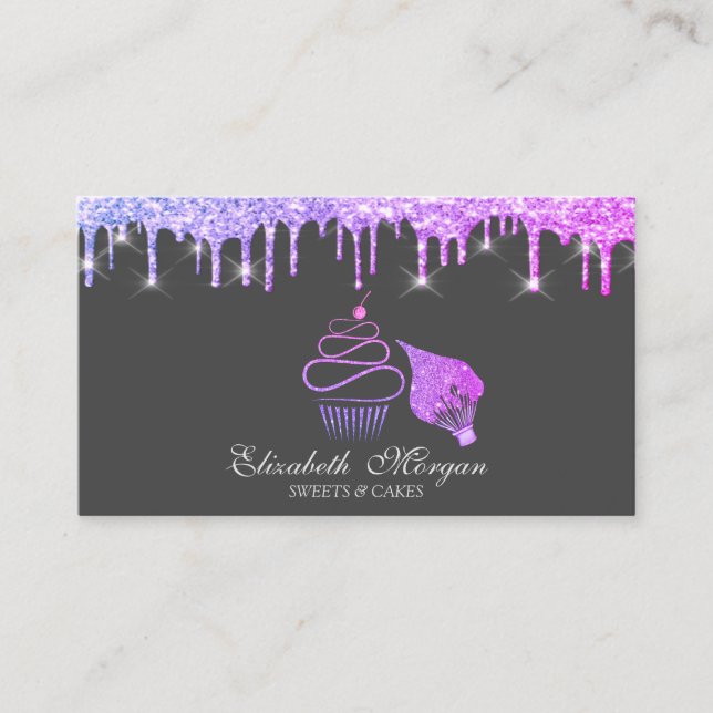 Elegant glitter-cupcake violett droppande spritsat visitkort (Framsida)