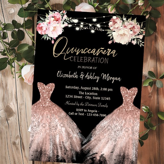 Elegant Glitter Dress Blommigt Black Quinceanera Inbjudningar (Skapare uppladdad)
