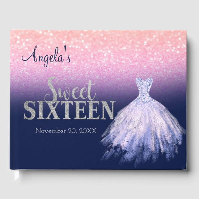 Elegant Glitter Dress Bokeh Navy Blue Sweet 16 Gästböcker (Framsida)