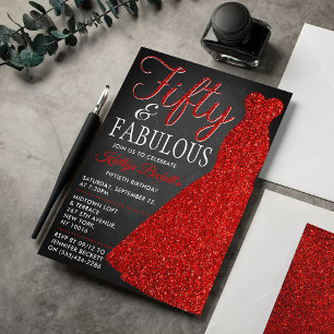 Elegant Glitter Dress Femtio och Fabulära födels Inbjudningar