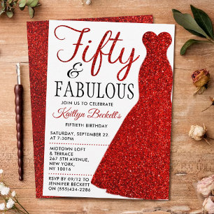 Elegant Glitter Dress Femtio och Fabulära födels Inbjudningar