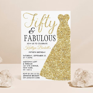 Elegant Glitter Dress Femtio och Fabulära födels Inbjudningar