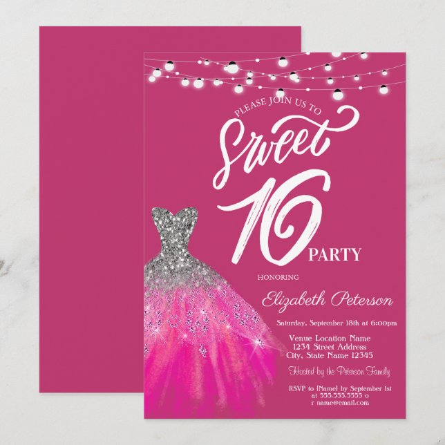 Elegant Glitter Dress String Ljus Sweet 16 Inbjudningar (Fram/baksida)