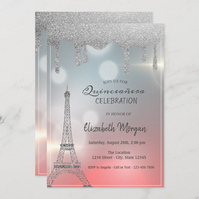 Elegant Glitter Drips, Eiffel Torn Quinceanera Inbjudningar (Fram/baksida)