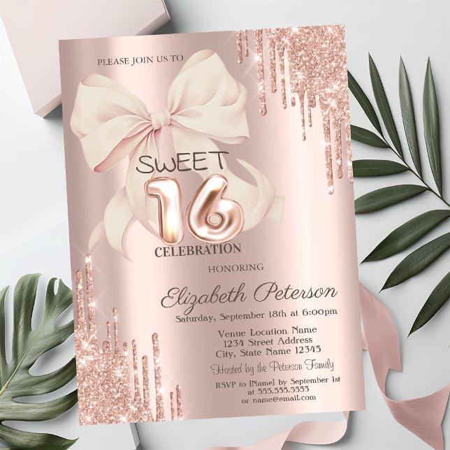 Elegant Glitter Drips Pink Bow Rose Gold Sweet 16  Inbjudningar (Skapare uppladdad)