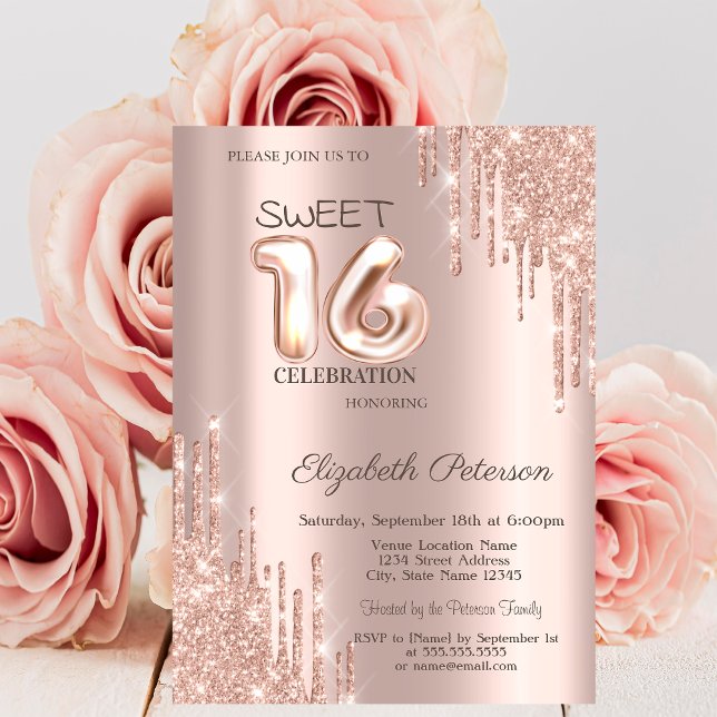 Elegant Glitter Drips Ro Guld Sweet 16 Inbjudningar (Skapare uppladdad)