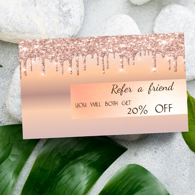 Elegant Glitter Drips Rosa Guld Referralkort Rabattkort (Skapare uppladdad)