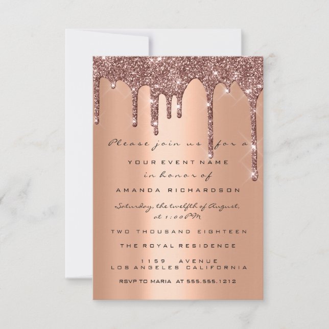 Elegant Glitter Drips Rose Gold  Bröllop Sweet 16t Inbjudningar (Framsida)