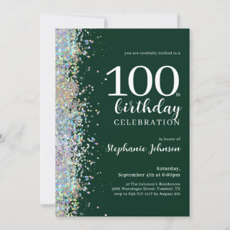 Elegant Glitter Emerald Grönt 100:e födelsedagen Inbjudningar