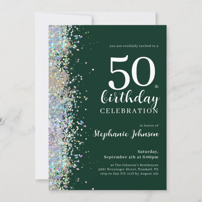 Elegant Glitter Emerald Grönt 50:e födelsedagen Inbjudningar (Framsida)