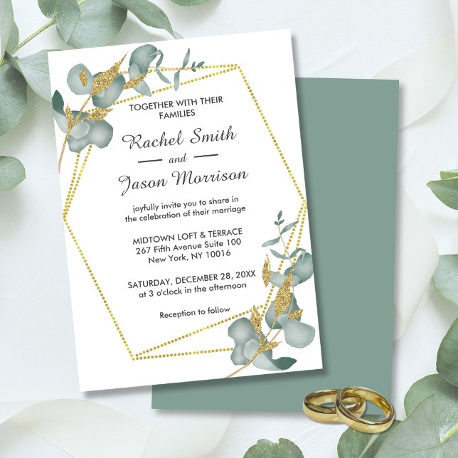 Elegant Glitter Eucalyptus Greenery Bröllop Inbjudningar (Eucalyptus Gold Glitter Leaves Geometric Frame Sage Wedding Invitation)