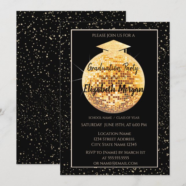 Elegant glitter-examensmössa, Disco Ball-konfetti Inbjudningar (Fram/baksida)