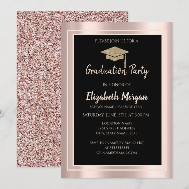 Elegant glitter examensmössa rose gold glitter inbjudningar (Fram/baksida)