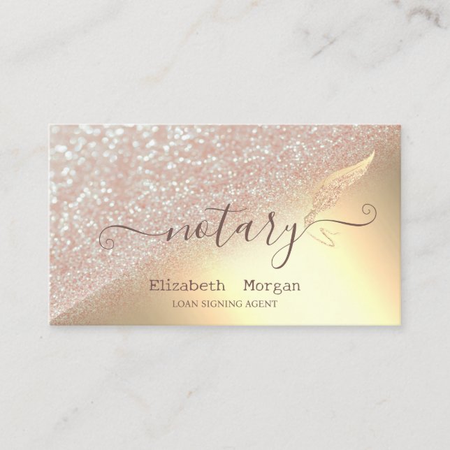 Elegant Glitter Feather Notary Bokeh Guld Visitkort (Framsida)
