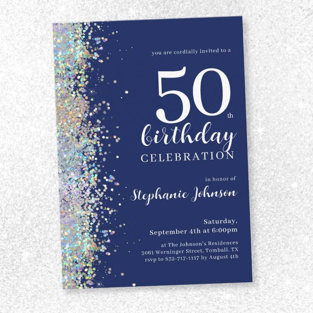Elegant Glitter-flottan 50:e födelsedagen Inbjudningar (Elegant Glitter Navy 50th Birthday Invitation)