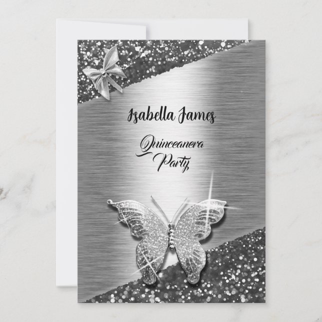 elegant glitter-folie gnistra chic silver Butterfl Inbjudningar (Framsida)