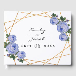 Elegant Glitter Geo Blue Blommigt Bröllop Gästböcker
