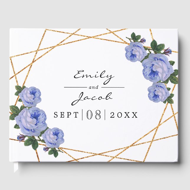 Elegant Glitter Geo Blue Blommigt Bröllop Gästböcker (Framsida)