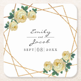 Elegant Glitter Geo Gult Blommigt Bröllop Underlägg Papper Kvadrat