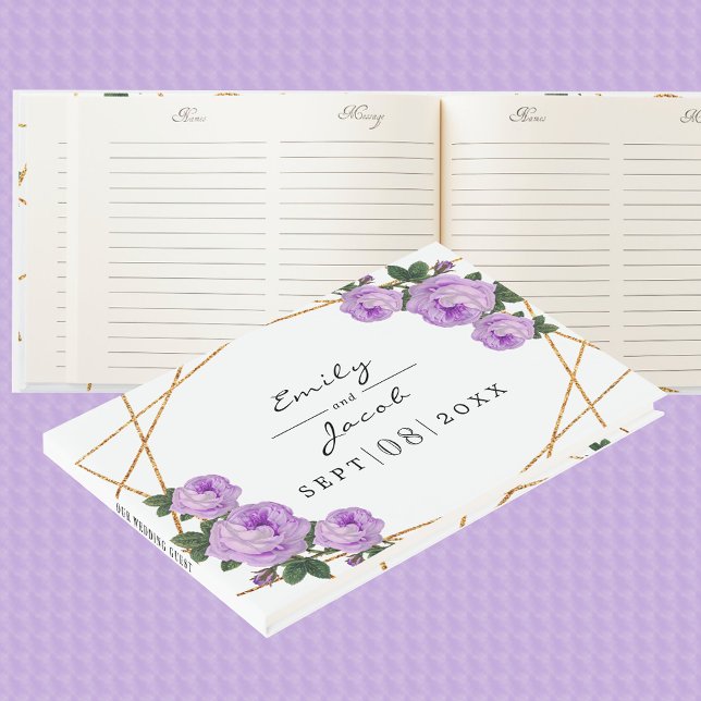 Elegant Glitter Geo Lila Blommigt Bröllop Guld Gästböcker (Elegant Gold Glitter Geo Purple Floral Wedding Guest Book)