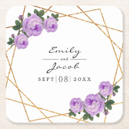 Elegant Glitter Geo Lila Blommigt Bröllop Guld Underlägg Papper Kvadrat