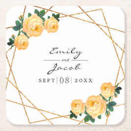 Elegant Glitter Geo Orange Blommigt Bröllop Underlägg Papper Kvadrat