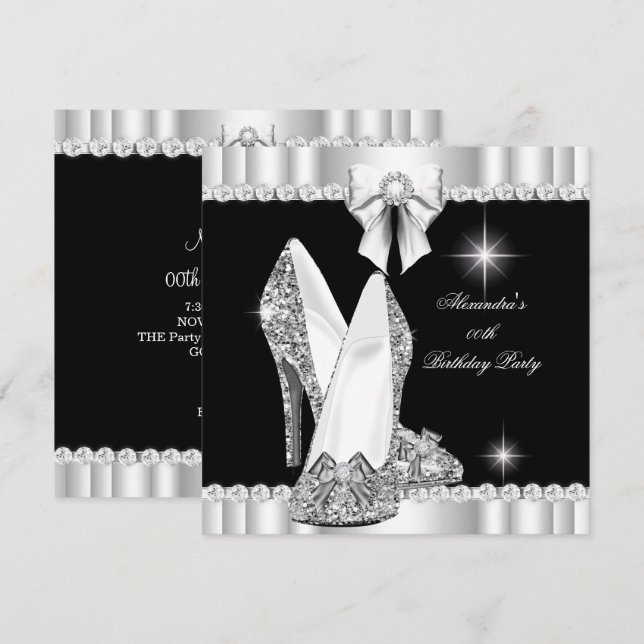 Elegant Glitter Glamor Hi Heels Silver Black Inbjudningar (Fram/baksida)