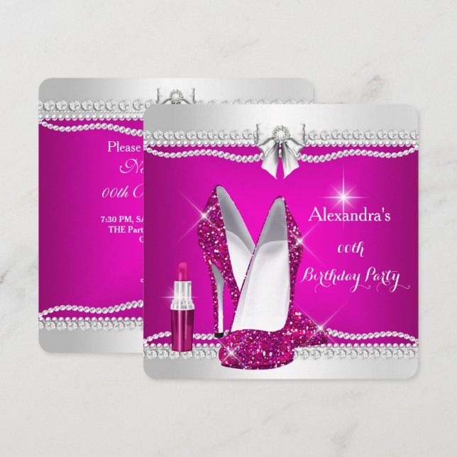 Elegant Glitter Glamor Rosa Högklackar Lipstick Inbjudningar (Fram/baksida)