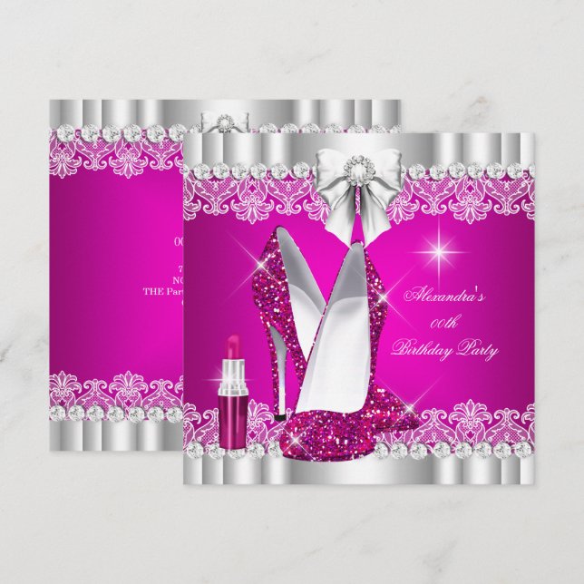 Elegant Glitter Glamour Het Rosa Höga Hälar Läppst Inbjudningar (Fram/baksida)