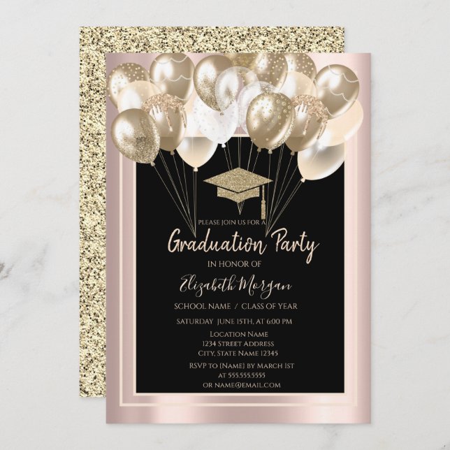 Elegant Glitter Grad Cap,Balloons Ro Guld Inbjudningar (Fram/baksida)